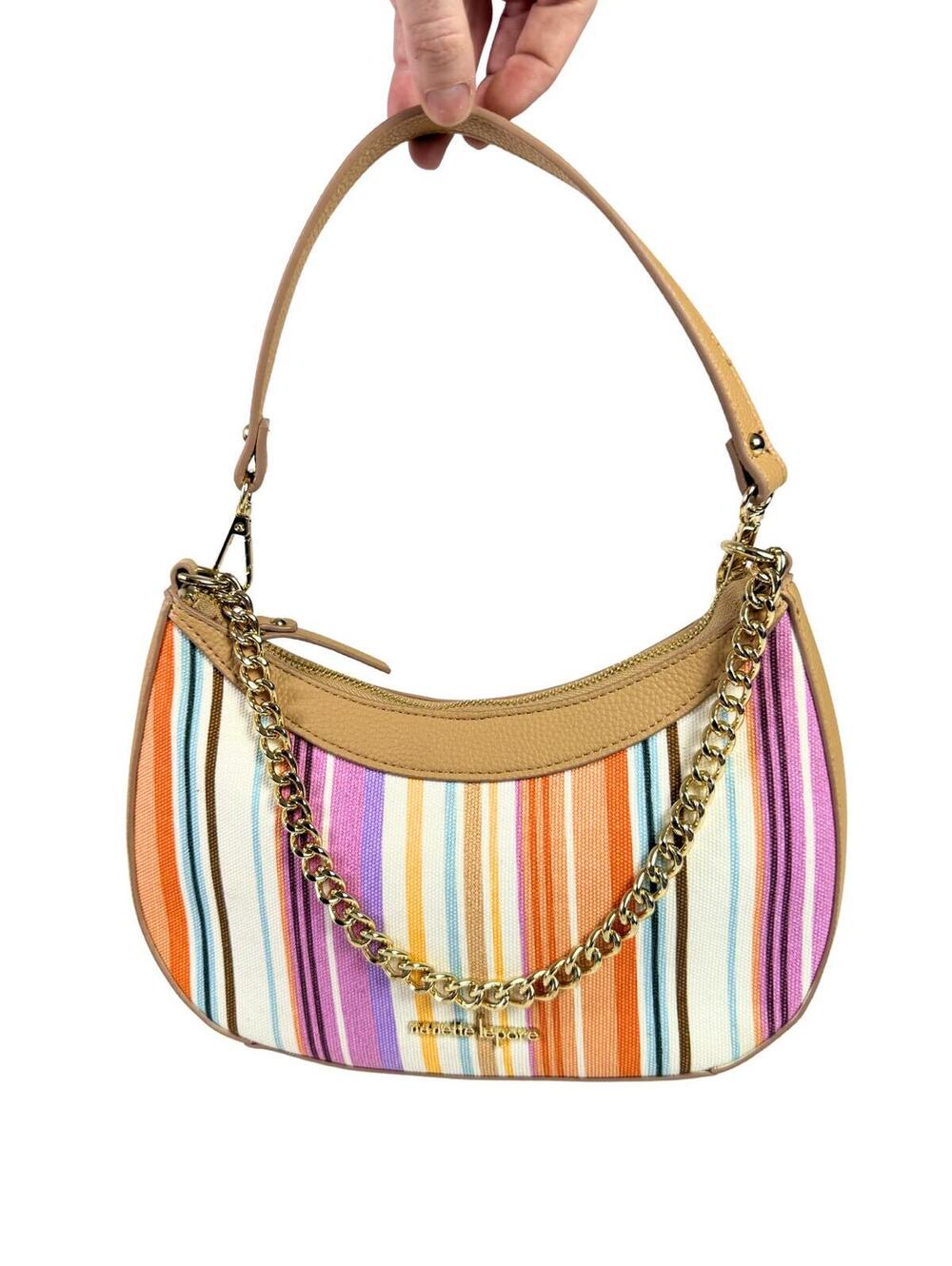 Nanette Lepore Striped Hobo Bag Y2K Shoulder Bag Chain Detail